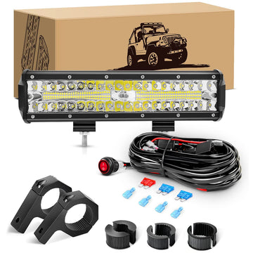 12 Inch 300W Triple Row Led Light Bar Spot Flood Combo with 16AWG 3Pin Rocker Switch Wiring Harness kit Horizontal Bar Tube Clamp